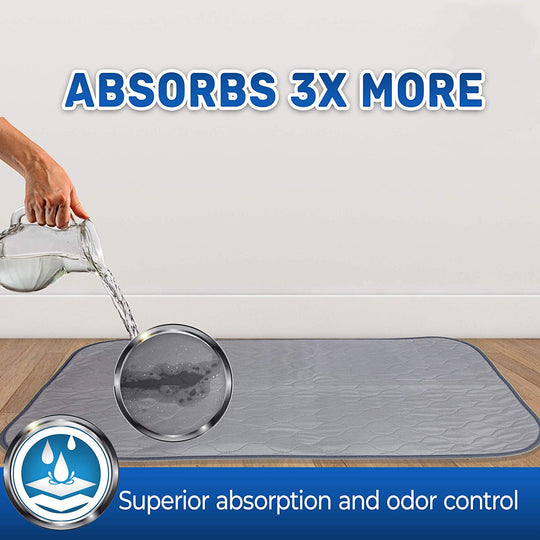 Absorbent mat soaks up liquid and easy machine washable with non-slip bottoms