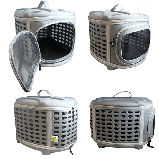 Cat hard travel carrier in different positions with door configuration different