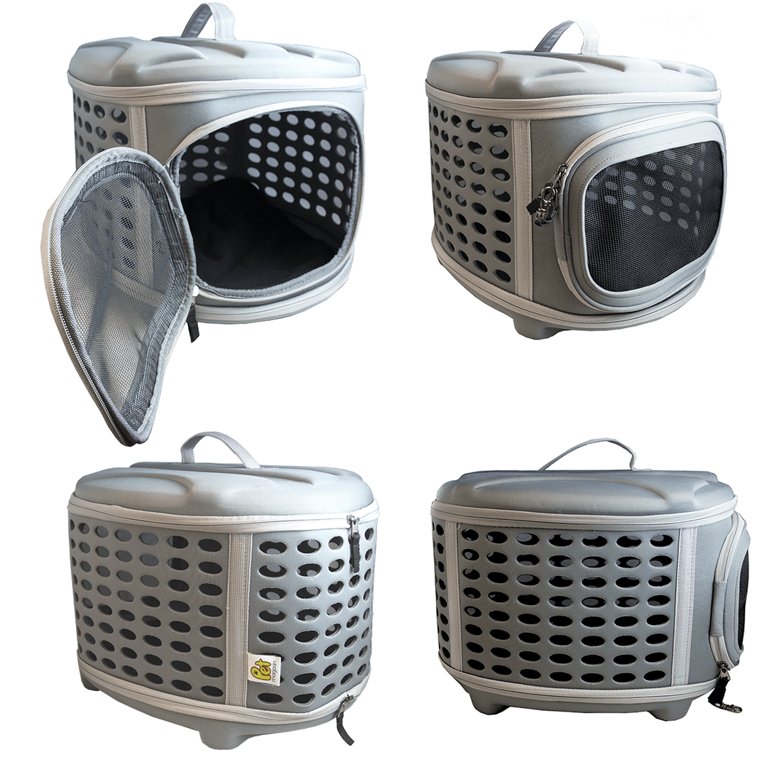 Cat hard travel carrier in different positions with door configuration different